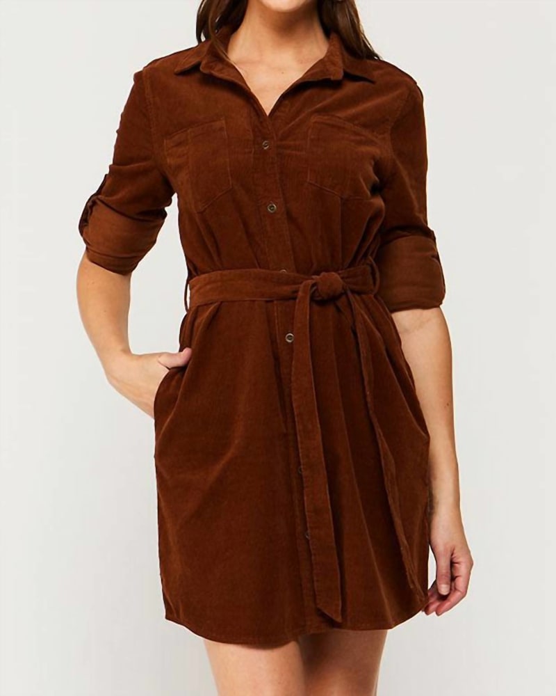 Front of a model wearing a size L Delilah Dress in Brown in Brown by Velvet Heart. | dia_product_style_image_id:335213